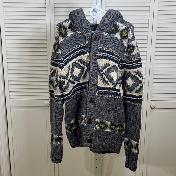 Abercrombie & Fitch Men's Wool Blend Hooded Chunky Gray Cardigan Sweater Medium - Picture 1 of 11